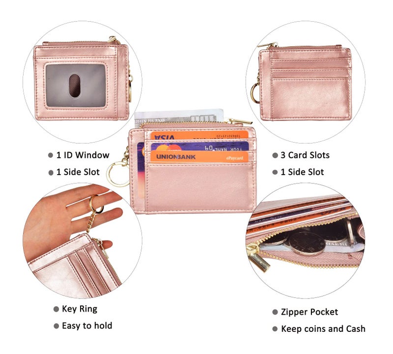Woogwin حامل بطاقات ائتمان RFID نحيف ووجوين للنساء، محفظة صغيرة لجيب أمامي مع سلسلة مفاتيح (ذهب وردي زيتي) - Image 4